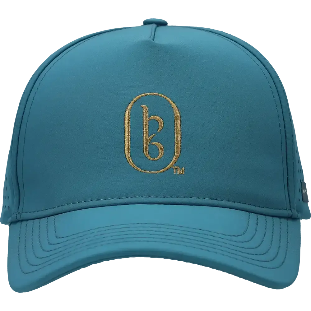 Teal cap with a gold logo