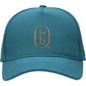 Teal cap with a gold logo