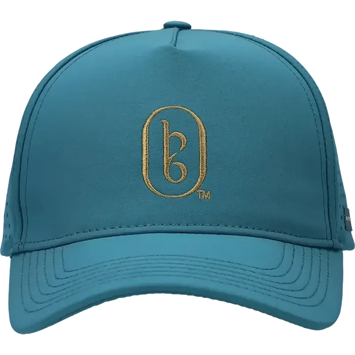 Teal cap with a gold logo