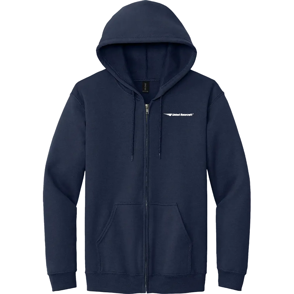 Gildan Heavy Blend Full-Zip Hooded Sweatshirt in Navy with front zipper and pouch pockets for custom branded apparel