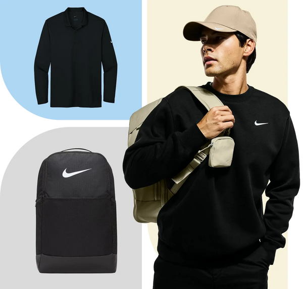 Man holding a beige backpack with a black Nike sweatshirt and cap, with a black long-sleeve shirt and backpack inset.