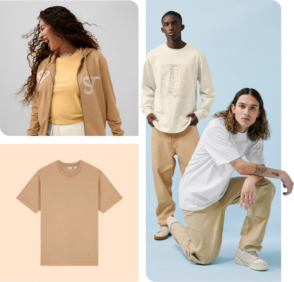 Collage of people wearing beige and white clothing with visible brand logos.