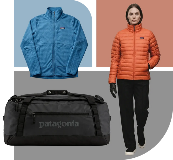 Collage of Patagonia jackets and duffel bag with a person wearing an orange jacket.