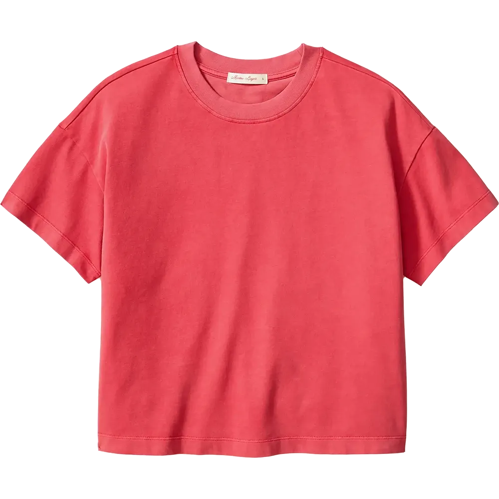 Marine Layer Luxe Sueded Tee in Baked Apple featuring premium sueded cotton fabric, relaxed fit, short sleeves, and a classic crewneck