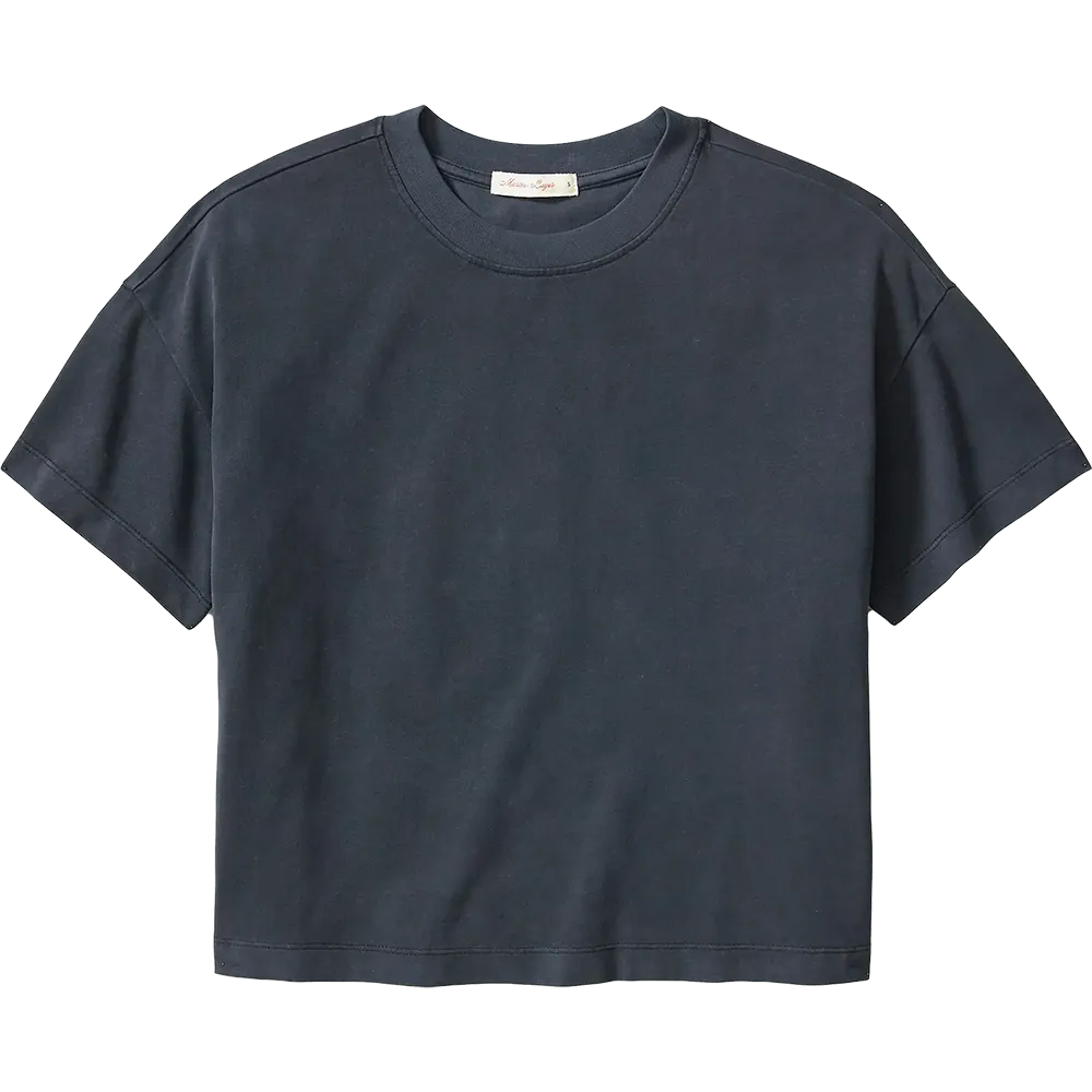 Marine Layer Luxe Sueded Tee in Black featuring premium sueded cotton fabric, relaxed fit, short sleeves, and a classic crewneck