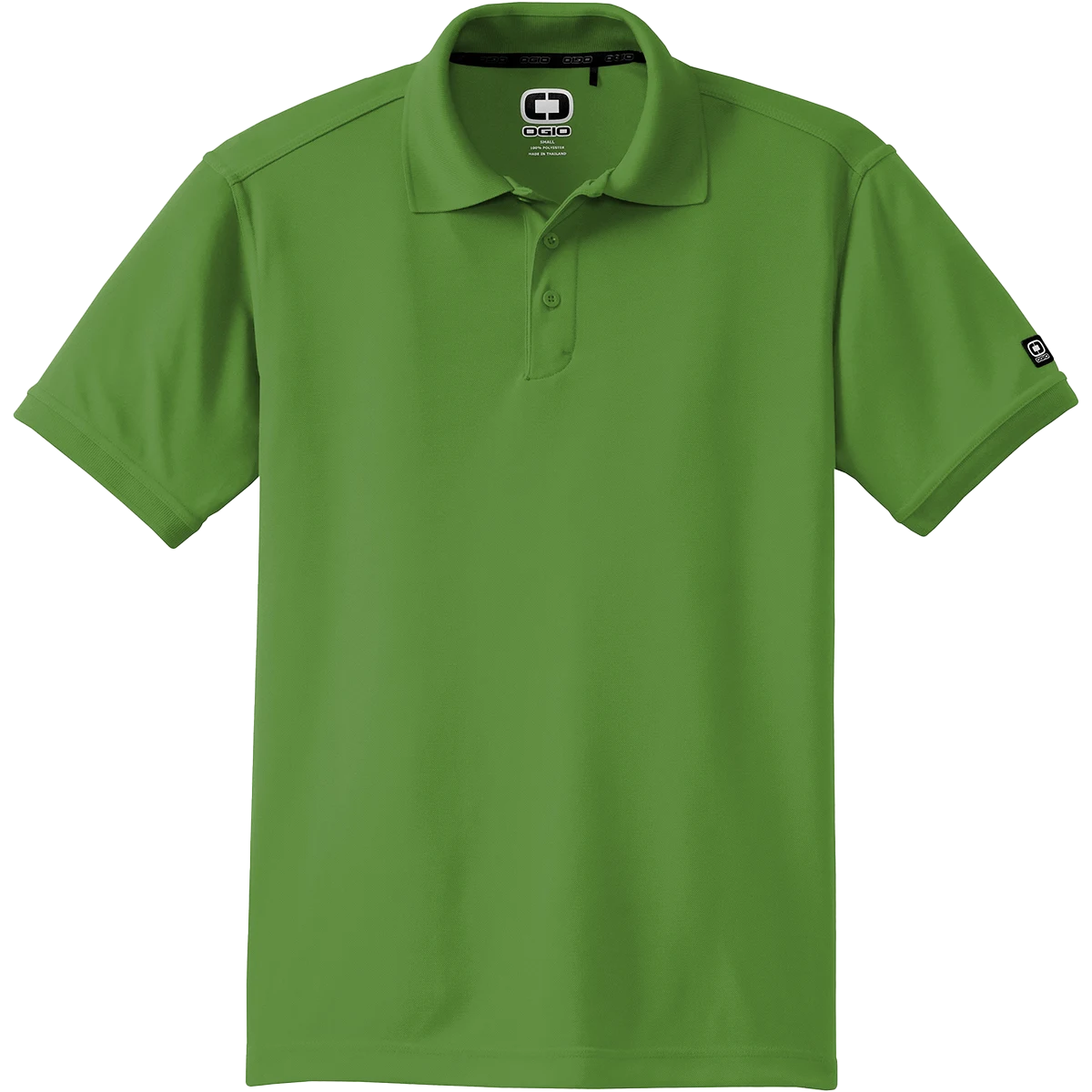 A green short-sleeve polo shirt with a collar and two-button placket, shown on a plain white background. A logo patch is visible on the left sleeve, and the brand label on the inner neck reads Oakley.