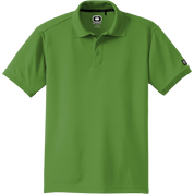 A green short-sleeve polo shirt with a collar and two-button placket, shown on a plain white background. A logo patch is visible on the left sleeve, and the brand label on the inner neck reads Oakley.