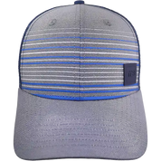 Gray cap with blue and white striped pattern on a white background