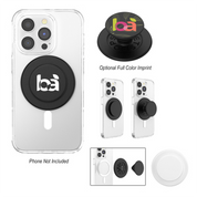 Phone case with pop socket and branding on a white background