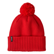 Red knit beanie with a pom-pom on a white background