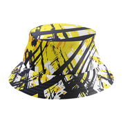 Yellow bucket hat with black and white abstract pattern on a white background