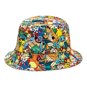 Colorful bucket hat with cartoon character pattern on a white background