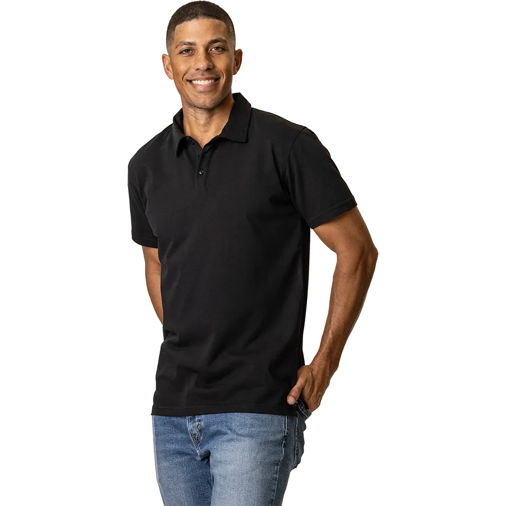 Man wearing a black organic cotton polo shirt