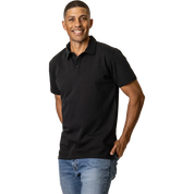 Man wearing a black organic cotton polo shirt