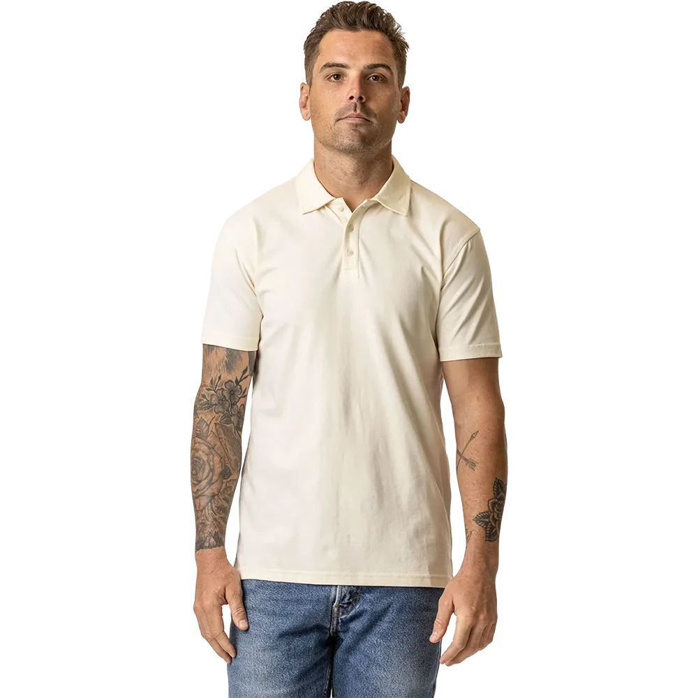 Man wearing a natural organic cotton polo shirt