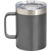 A dark gray insulated travel mug with a stainless steel band and a clear plastic lid, shown against a plain white background.