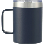 A dark navy blue insulated travel mug with a stainless steel rim and a clear plastic lid, shown against a plain white background.