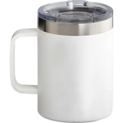 A white insulated travel mug with a handle, a brushed stainless steel rim, and a clear plastic lid, shown on a plain white background.