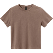 A short-sleeve crewneck t-shirt in a washed, muted brown color, presented flat against a solid white background.