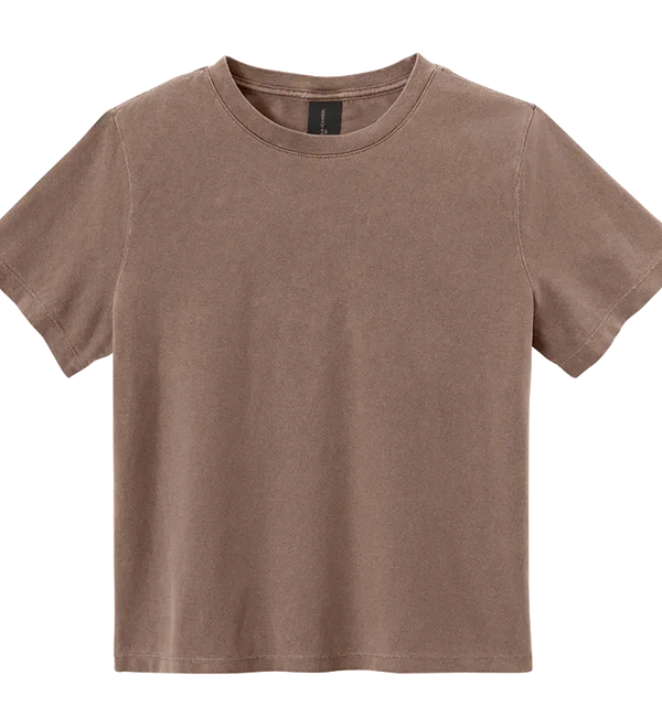 A short-sleeve crewneck t-shirt in a washed, muted brown color, presented flat against a solid white background.
