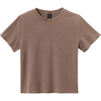 A short-sleeve crewneck t-shirt in a washed, muted brown color, presented flat against a solid white background.