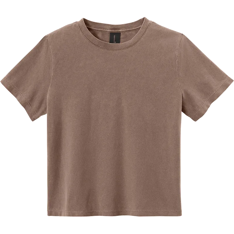 A short-sleeve crewneck t-shirt in a washed, muted brown color, presented flat against a solid white background.