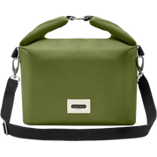 An olive green roll-top bag with a black shoulder strap and silver metal hardware, featuring a small white brand label on the front.