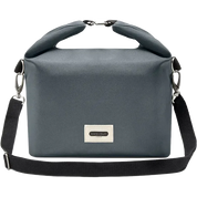 A dark gray roll-top crossbody bag with a black shoulder strap and silver hardware, featuring a white brand label on the front.
