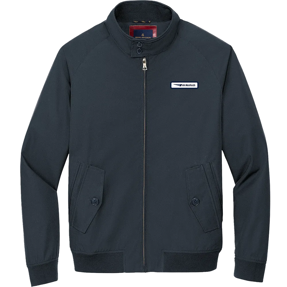 Navy bomber jacket with full-zip front, stand collar, and flap pockets featuring the Air Methods logo