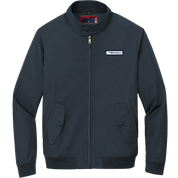 Navy bomber jacket with full-zip front, stand collar, and flap pockets featuring the Air Methods logo