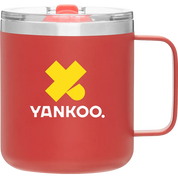 Red mug with Yankoo logo on a white background