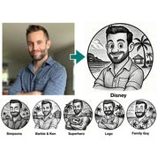 A promotional graphic showing a man's portrait transformed into a black-and-white cartoon-style circular avatar labeled 'Disney,' with five example variations below labeled Simpsons, Barbie & Ken, Superhero, Lego, and Family Guy.