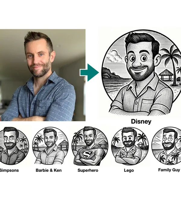 A promotional graphic showing a man's portrait transformed into a black-and-white cartoon-style circular avatar labeled 'Disney,' with five example variations below labeled Simpsons, Barbie & Ken, Superhero, Lego, and Family Guy.