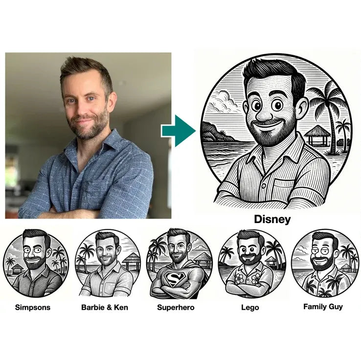 A promotional graphic showing a man's portrait transformed into a black-and-white cartoon-style circular avatar labeled 'Disney,' with five example variations below labeled Simpsons, Barbie & Ken, Superhero, Lego, and Family Guy.