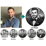 A promotional graphic showing a man's portrait used for custom avatars, with a photo of a smiling man on the left and a black-and-white circular Las Vegas-themed avatar on the right. Smaller examples at the bottom show other location-themed avatars labeled Tropical, Mountains, NYC, Western, and Hollywood.