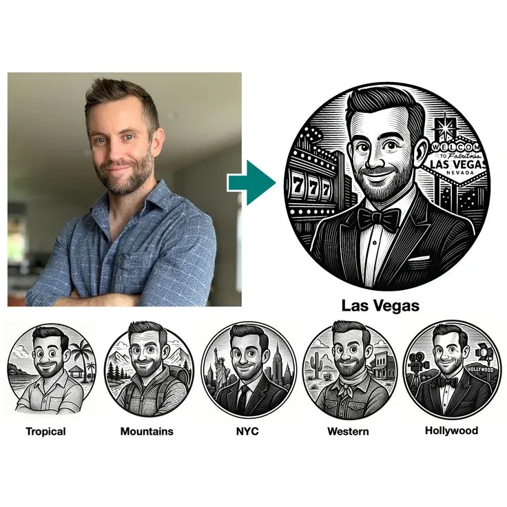 A promotional graphic showing a man's portrait used for custom avatars, with a photo of a smiling man on the left and a black-and-white circular Las Vegas-themed avatar on the right. Smaller examples at the bottom show other location-themed avatars labeled Tropical, Mountains, NYC, Western, and Hollywood.