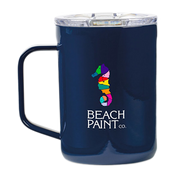 Navy blue mug with a colorful seahorse design and 'Beach Paint Co.' text on a white background