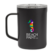 Black mug with colorful seahorse design and 'Beach Paint co.' text on a white background