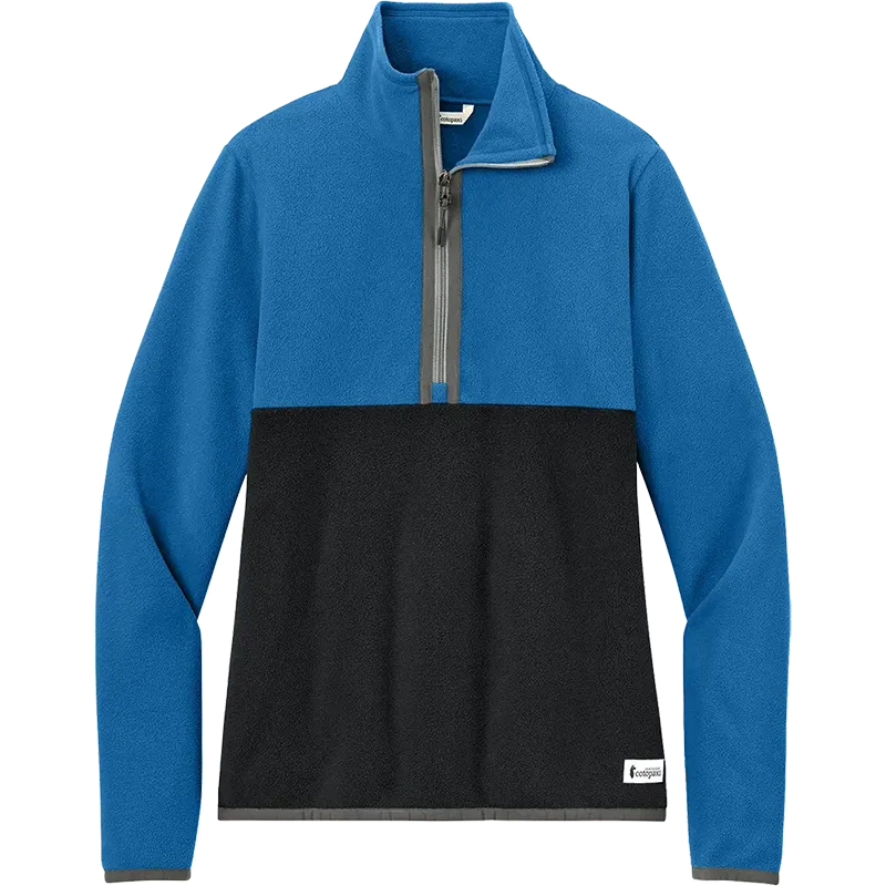 Cotopaxi Women's Amado Fleece in Blue and Black with half-zip design and stand-up collar