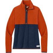 Cotopaxi Women's Amado Fleece in Orange and Navy with half-zip design and stand-up collar