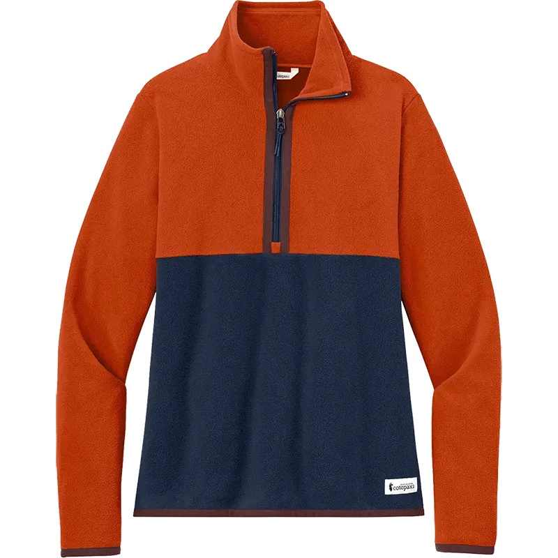 Cotopaxi Women's Amado Fleece in Orange and Navy with half-zip design and stand-up collar