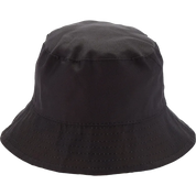 A black bucket hat with a curved brim and subtle perforated detailing along the lower edge of the brim, shown against a plain white background.