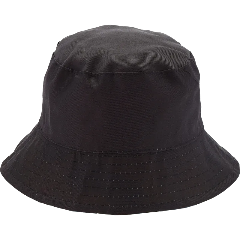 A black bucket hat with a curved brim and subtle perforated detailing along the lower edge of the brim, shown against a plain white background.