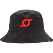 A black bucket hat featuring a red stylized logo on the front, photographed against a solid white background.