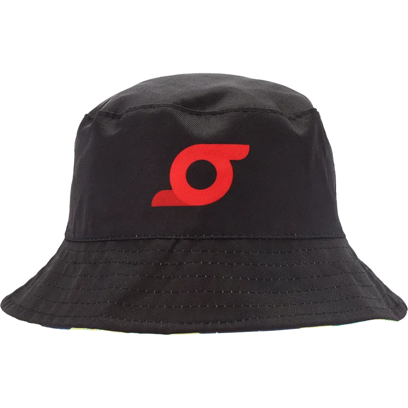A black bucket hat featuring a red stylized logo on the front, photographed against a solid white background.