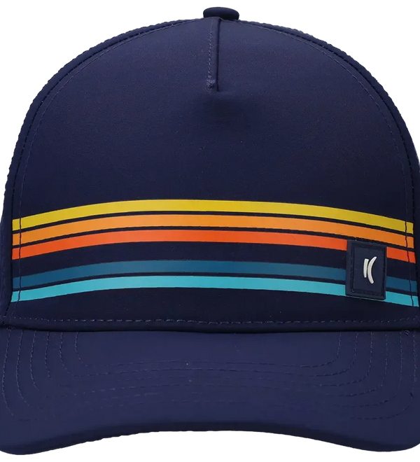 Custom Drift Hydro Hat in Navy with multicolor stripe design and curved brim