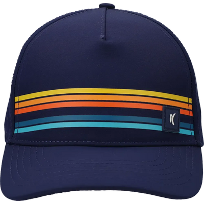 Custom Drift Hydro Hat in Navy with multicolor stripe design and curved brim