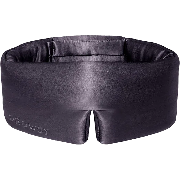 A black satin sleep mask with a split eye design, featuring the brand name 'DROWSY' debossed on the lower left side, shown against a plain white background.