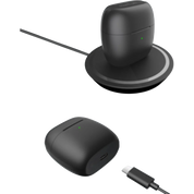 Black wireless earbuds with charging case and USB cable on a white background