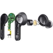 Disassembled earbud with visible circuit board on a white background
